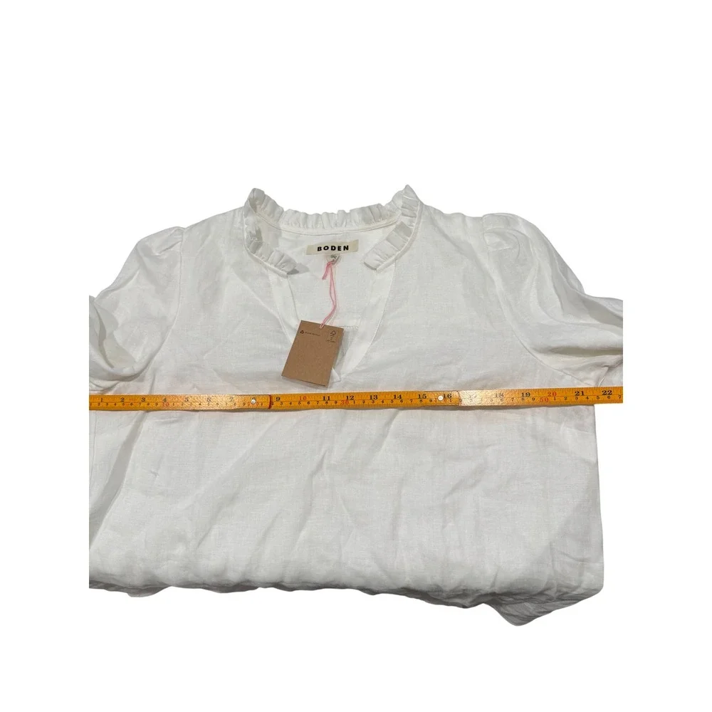 Boden Grace Linen Top White Ruffle V-Neck Puff Sleeve Blouse T1820 Womens 6 NEW